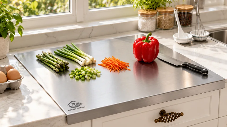 Une cuisine chaleureuse avec une planche et des ingrédients frais